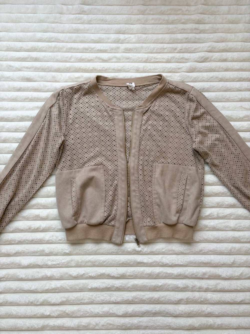 Flawless Laser Cut Faux Suede Bomber Jacket | Neutral Beige Zip Front Jacket M